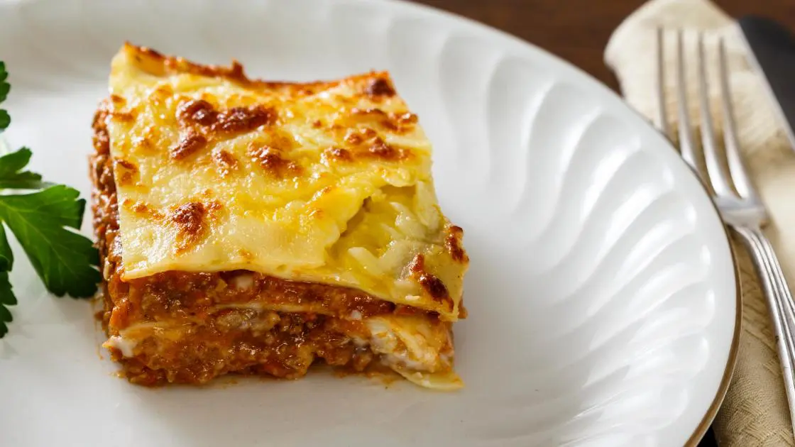 Air Fryer Lasagne On A White Plate